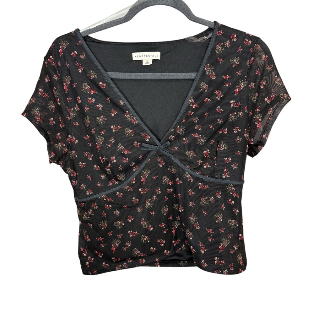 Aeropostale Black and Pink Floral Crop‎ Top Baby Doll top Size XL